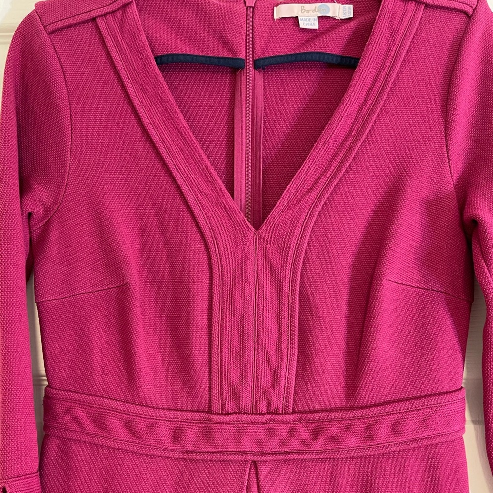 Boden Mercer Mulberry Textured Cotton Fit & Flare V Neck 3/4 Sleeve Dress - Picture 3 of 11